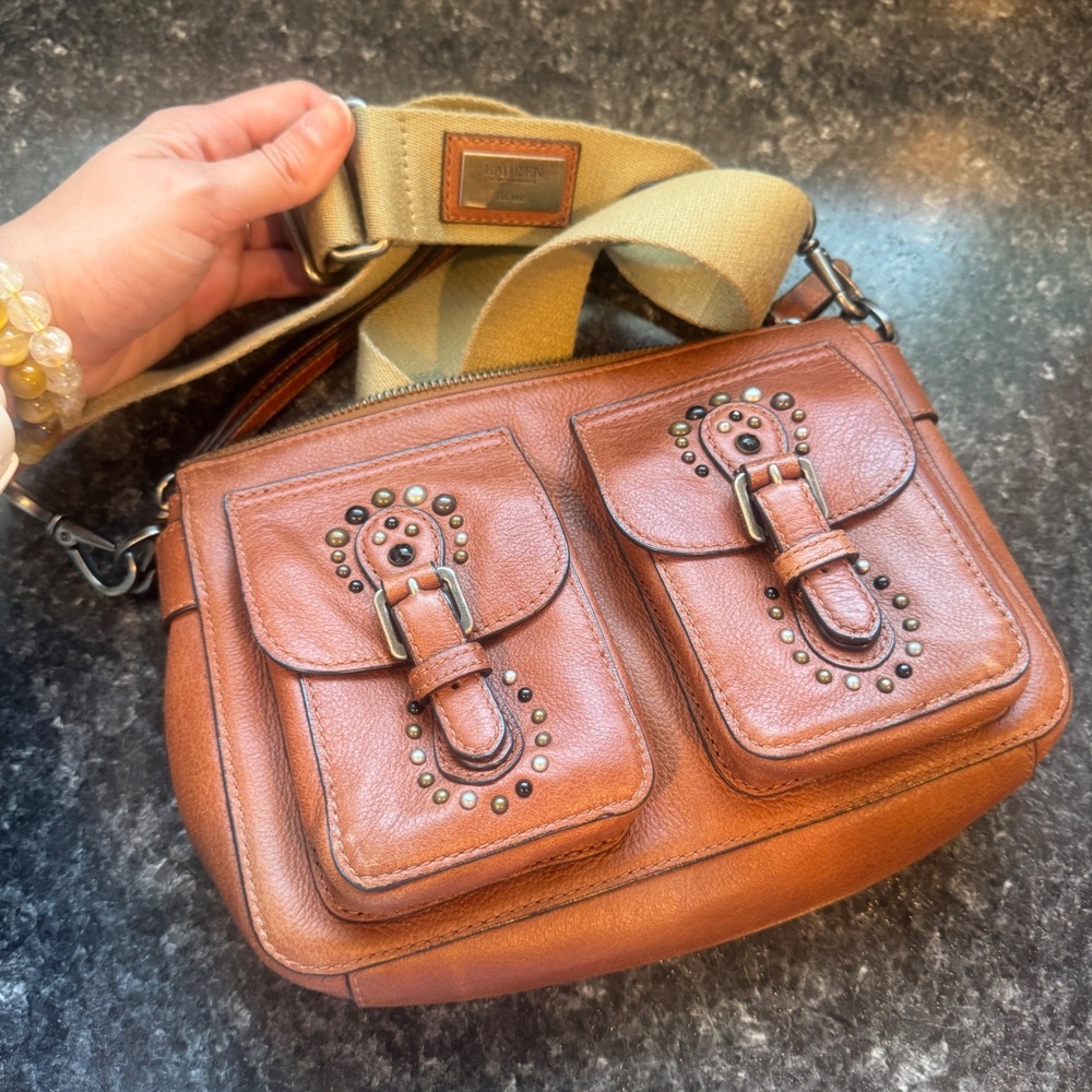 Lauren Ralph Lauren Studded Tan Sm. Leather NOA X-Body Bag w/Front Pockets New